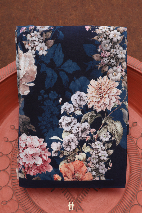 Crepe Saree In Oxford Blue With Floral Printed Design