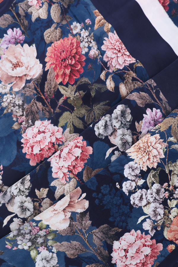 Crepe Saree In Oxford Blue With Floral Printed Design