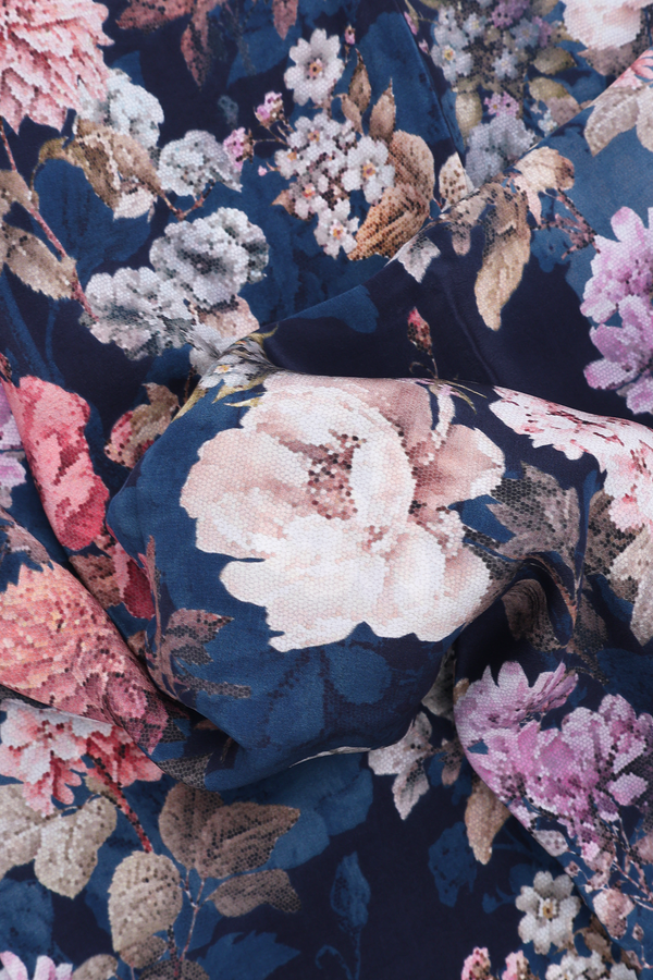 Crepe Saree In Oxford Blue With Floral Printed Design