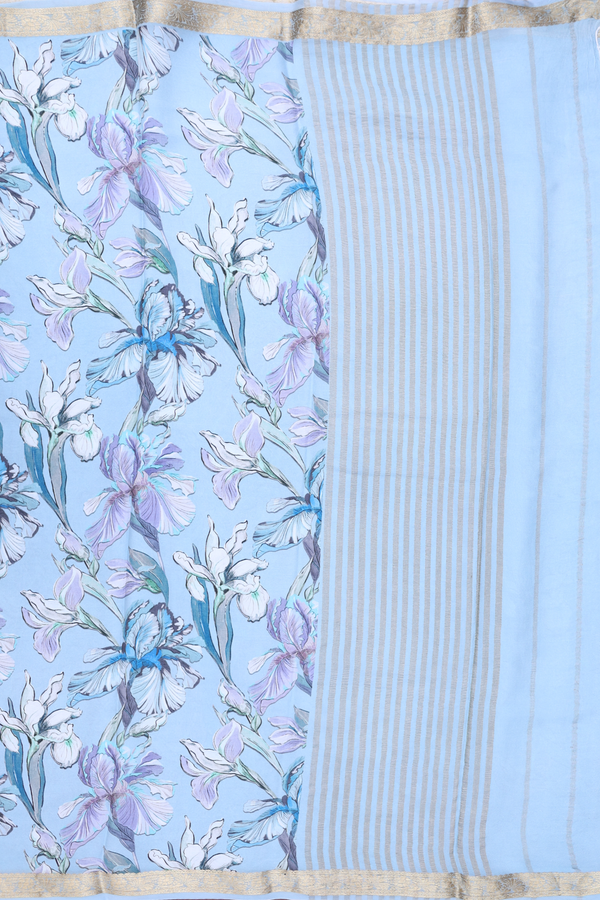Crepe Saree In Pastel Blue With Floral Design