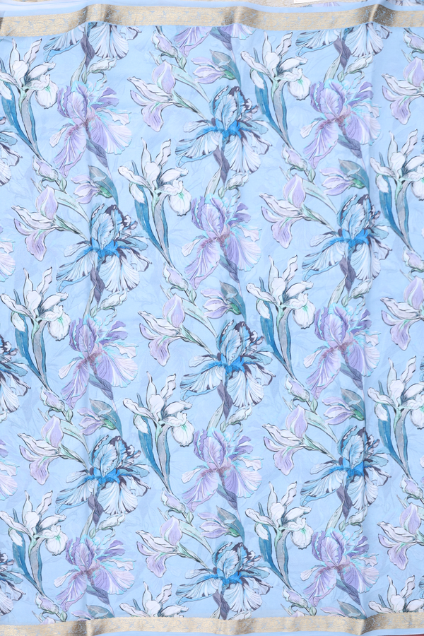 Crepe Saree In Pastel Blue With Floral Design