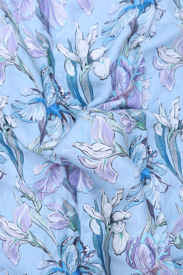 Crepe Saree In Pastel Blue With Floral Design