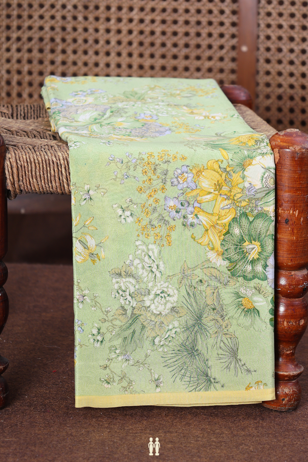 Crepe Saree In Pastel Green With Floral Printed Design