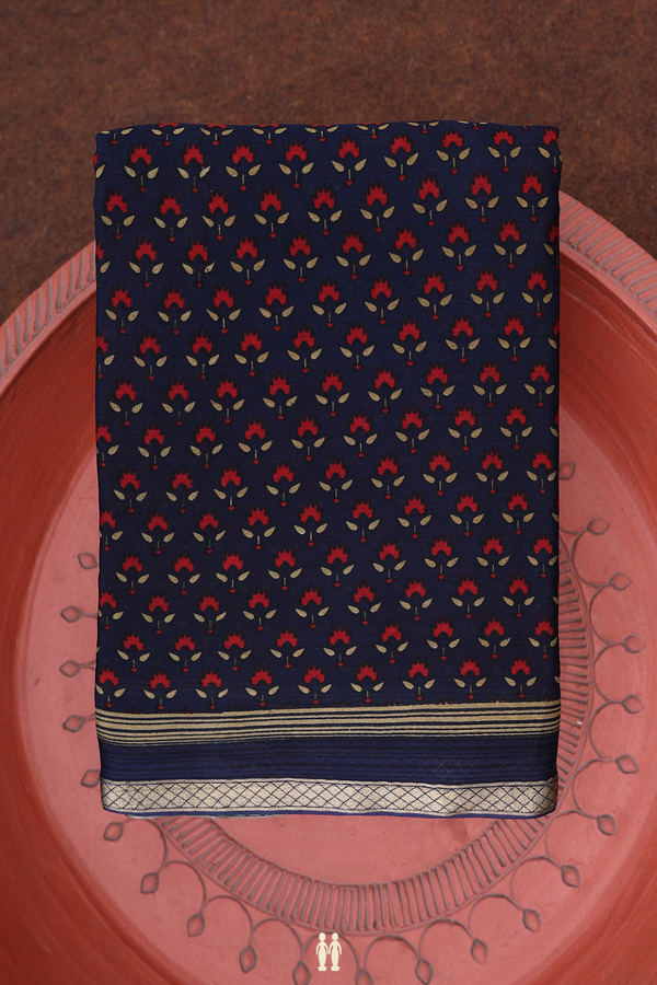 Crepe Saree In Prussian Blue With Floral Design