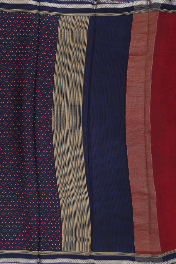 Crepe Saree In Prussian Blue With Floral Design