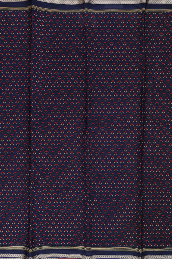 Crepe Saree In Prussian Blue With Floral Design