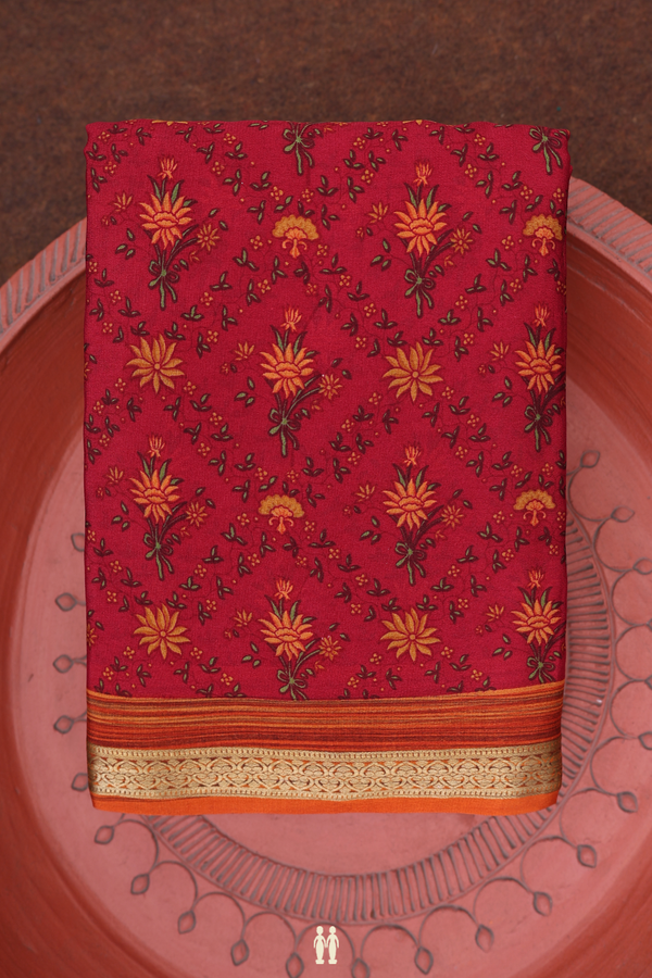 Crepe Saree In Red With Floral Printed Design