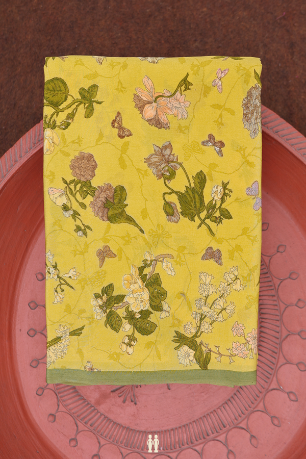 Crepe Saree In Royal Yellow With Floral Design