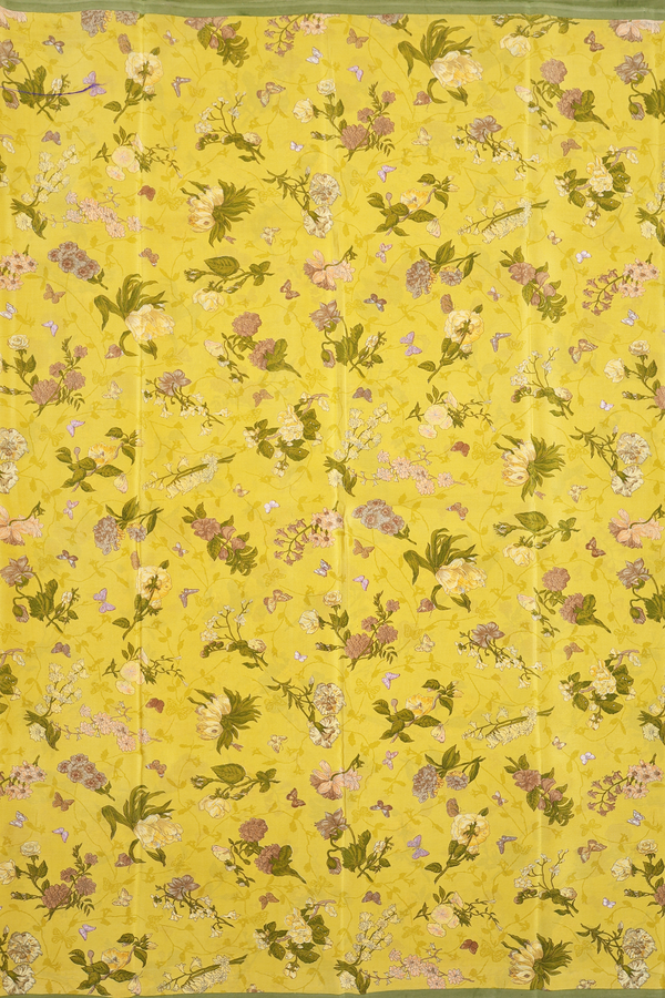 Crepe Saree In Royal Yellow With Floral Design