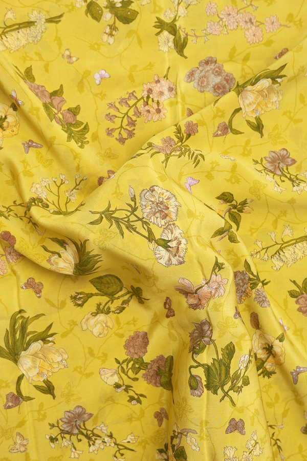 Crepe Saree In Royal Yellow With Floral Design