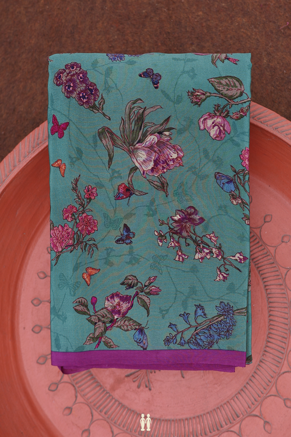 Crepe Saree In Slate Green With Floral Design
