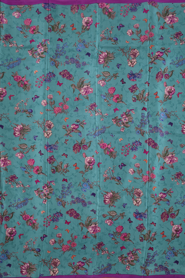 Crepe Saree In Slate Green With Floral Design