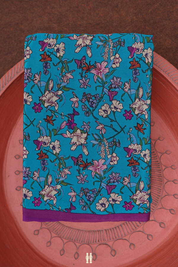 Crepe Saree In Teal Green With Floral Design