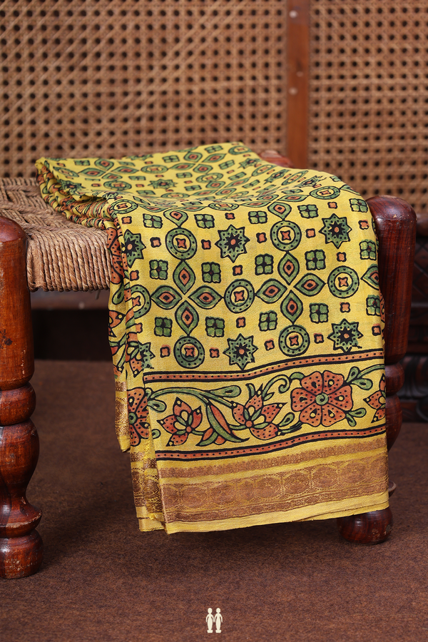 Crepe Saree In Yellow With Ajrakh Printed Design