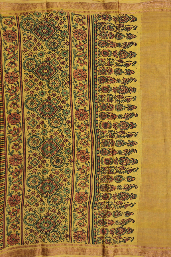 Crepe Saree In Yellow With Ajrakh Printed Design