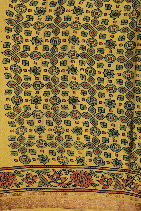 Crepe Saree In Yellow With Ajrakh Printed Design