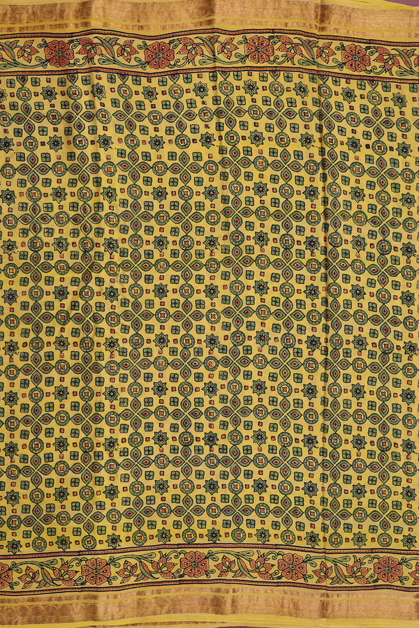 Crepe Saree In Yellow With Ajrakh Printed Design