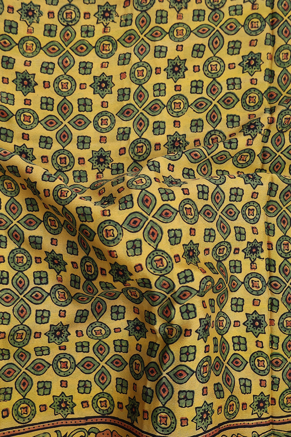 Crepe Saree In Yellow With Ajrakh Printed Design