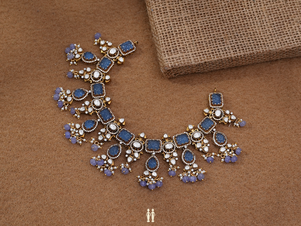 Crystal And Blue Stone With Beads Gold Plated Silver Necklace