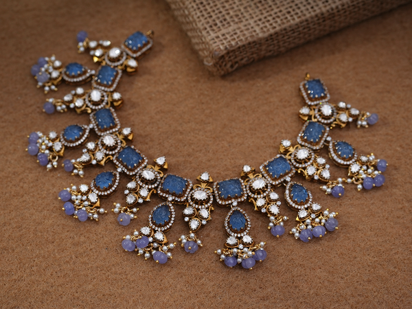 Crystal And Blue Stone With Beads Gold Plated Silver Necklace