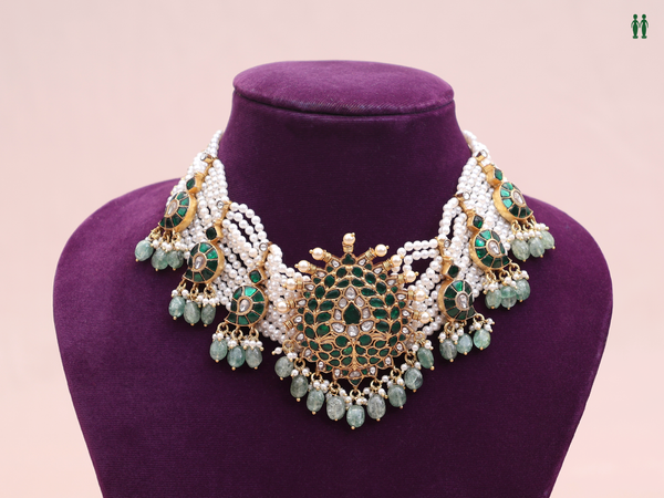 Crystal And Green Kemp Stone With Beaded Pure Silver Choker