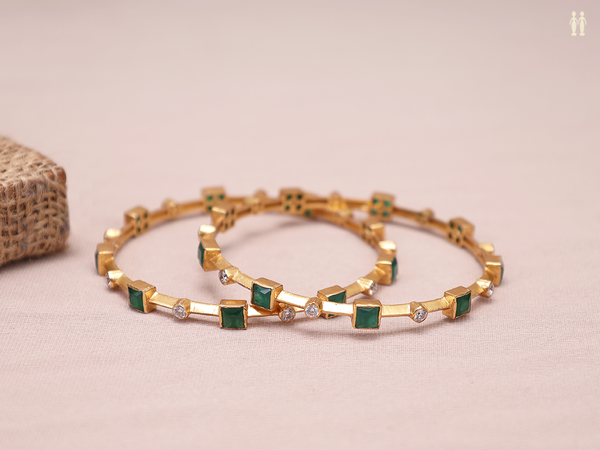 Crystal And Green Stone Gold Plated Pure Silver Bangles