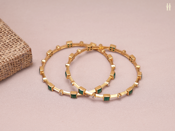 Crystal And Green Stone Gold Plated Pure Silver Bangles