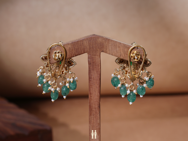 Crystal And Green Stone Gold Plated Pure Silver Earrings