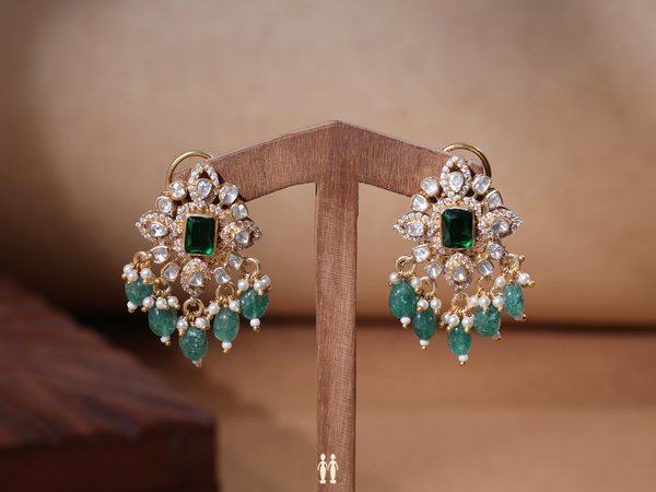 Crystal And Green Stone Gold Plated Pure Silver Earrings