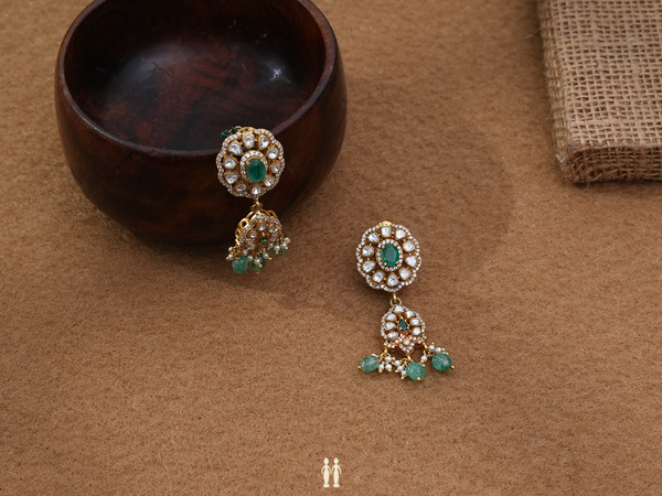 Crystal And Green Stone Gold Plated Silver Earrings
