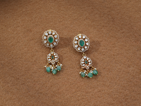 Crystal And Green Stone Gold Plated Silver Earrings