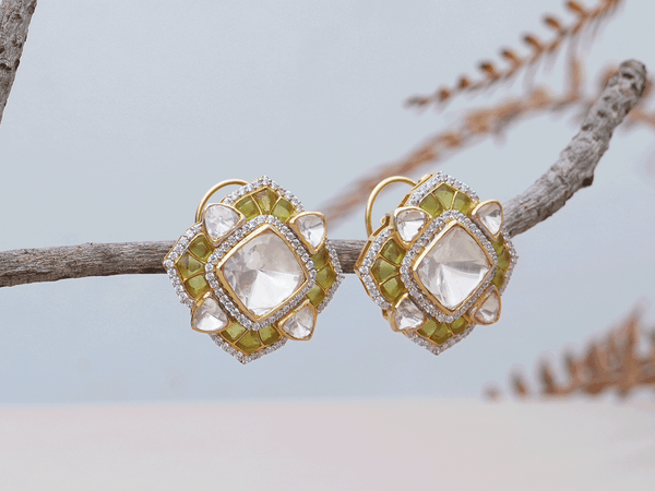 Crystal And Green Stone Gold Plated Silver Stud Earrings