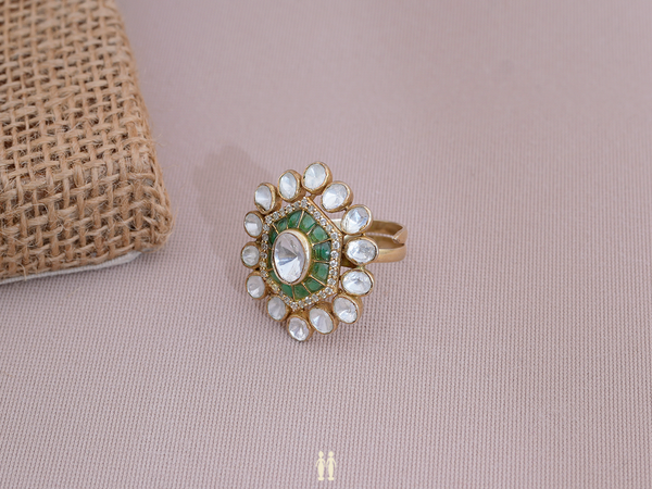 Crystal And Green Stone Pure Silver Adjustable Ring