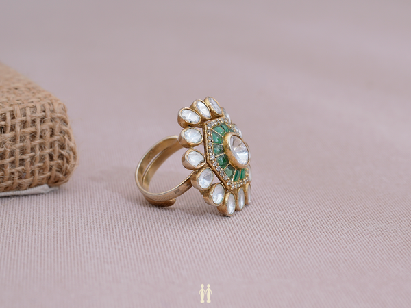 Crystal And Green Stone Pure Silver Adjustable Ring