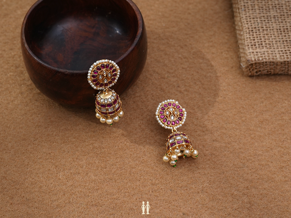 Crystal And Pink Stone With Beads Gold Plated Silver Jhumkas