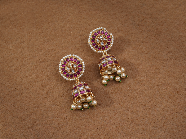 Crystal And Pink Stone With Beads Gold Plated Silver Jhumkas