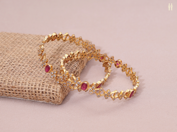 Crystal And Pink Stone Gold Plated Pure Silver Bangles