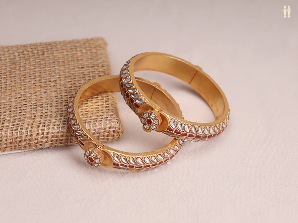 Crystal And Pink Stone Gold Plated Pure Silver Screw Bangles