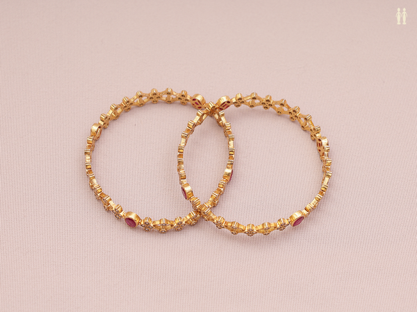 Crystal And Pink Stone Gold Plated Pure Silver Bangles