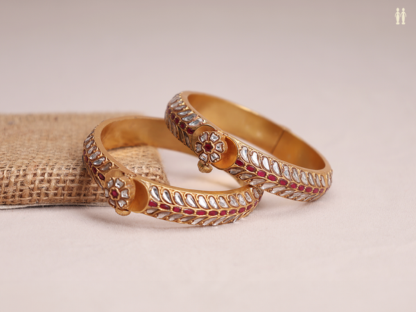 Crystal And Pink Stone Gold Plated Pure Silver Screw Bangles