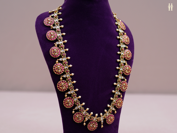 Crystal And Pink Stone Gold Plated Pure Silver Long Necklace