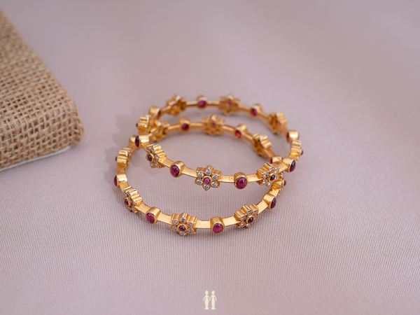 Crystal And Pink Stone Gold Plated Silver Bangles