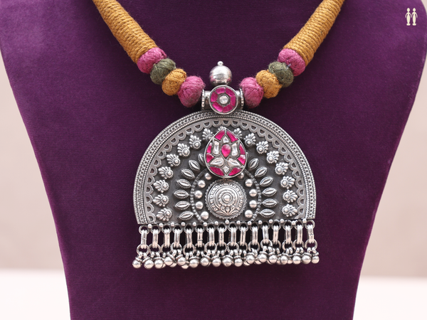 Crystal And Pink Stone Oxidized Pure Silver Necklace