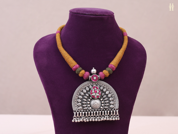 Crystal And Pink Stone Oxidized Pure Silver Necklace