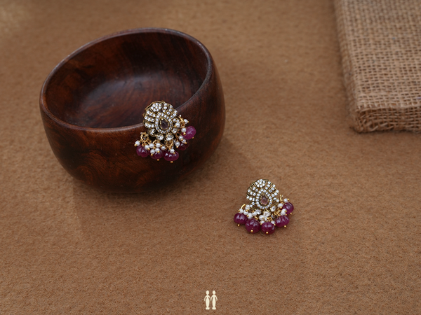 Crystal And Pink Stone With Beaded Gold Plated Silver Earrings