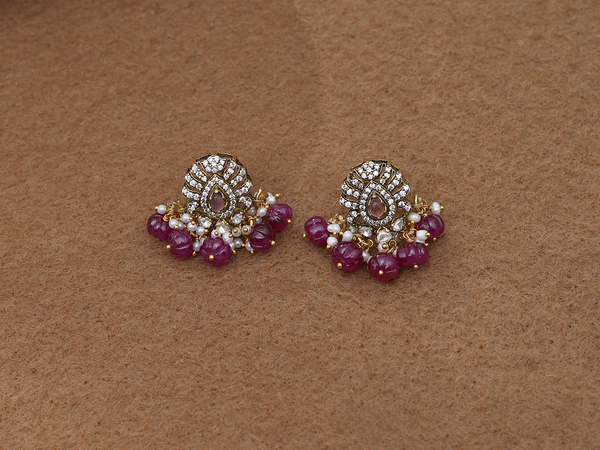 Crystal And Pink Stone With Beaded Gold Plated Silver Earrings