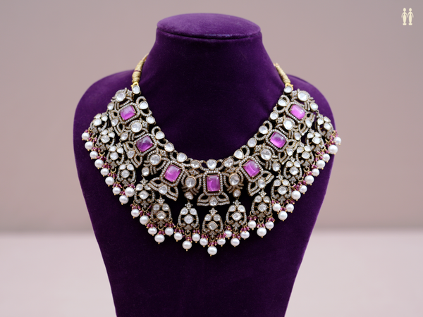 Crystal And Purple Stone With Beaded Silver Necklace