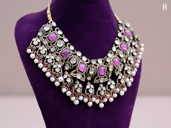Crystal And Purple Stone With Beaded Silver Necklace