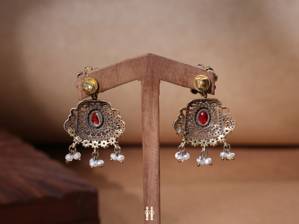 Crystal And Red Stone Pure Silver Earrings