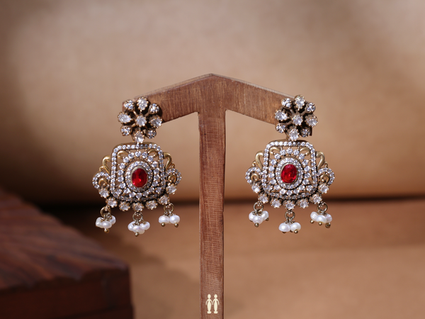 Crystal And Red Stone Pure Silver Earrings